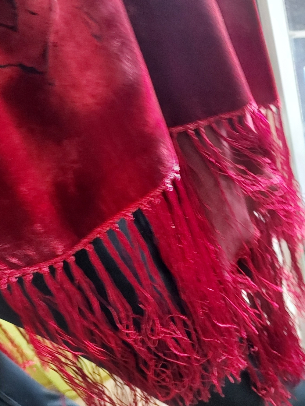 Luxurious Red Velvet Fringe Burn- Out Wrap Women's Accessory. 70 X 38 - Picture 3 of 11